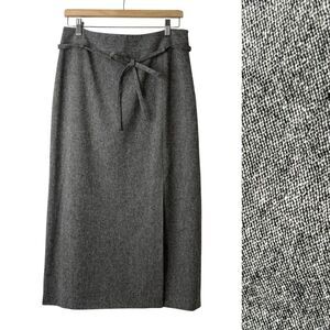 Tombolini Italy NWT Gray Wool Midi Skirt Tie Waist Front Slit EU46 Quiet Luxury
